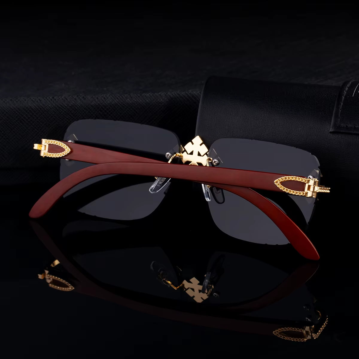  Designer Rectangle Rimless Wood Grain Colors Arms UV400 Sunglasses for Women & Men