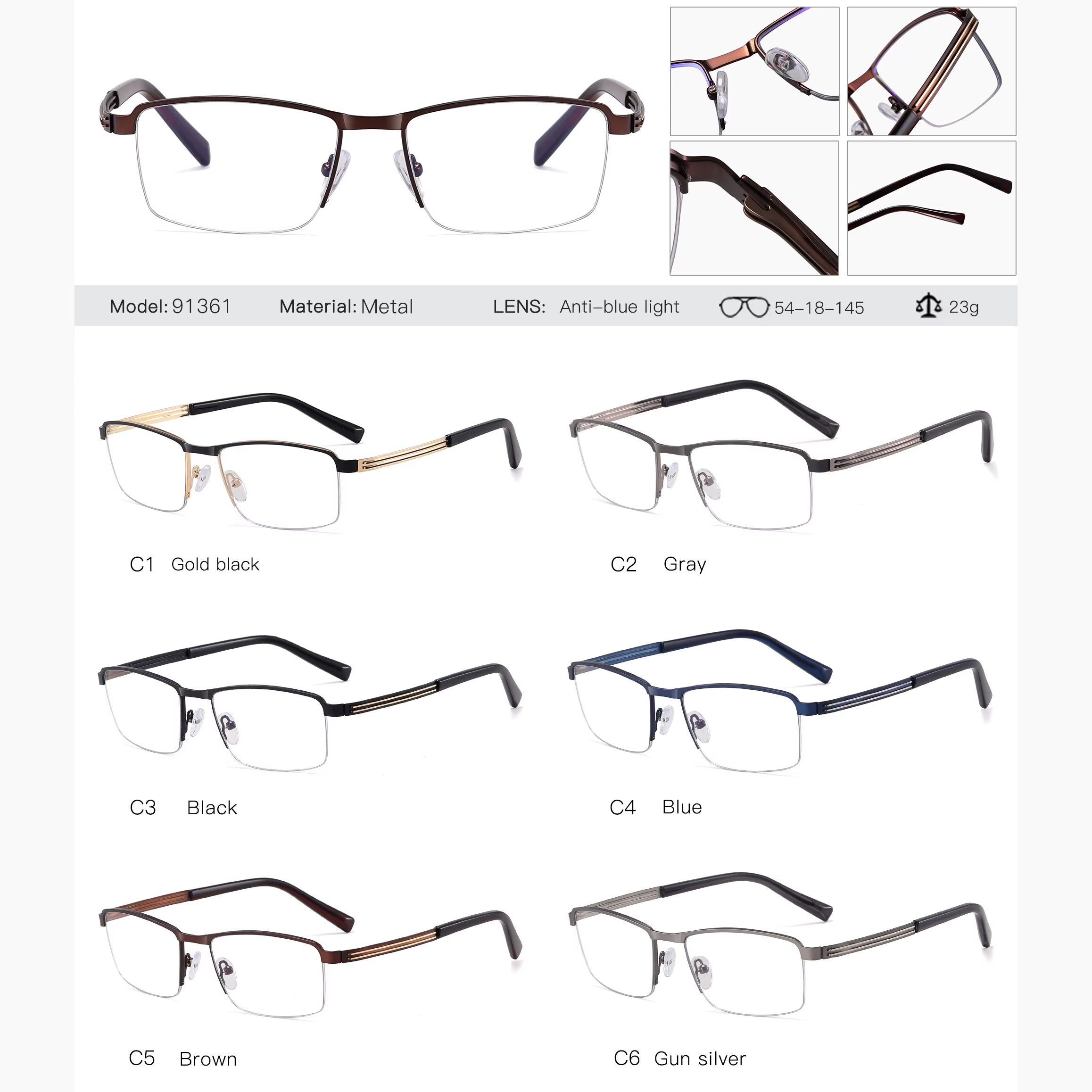 Metal Semi Rimless Rectangle Spring Hinge Eyeglasses for Men