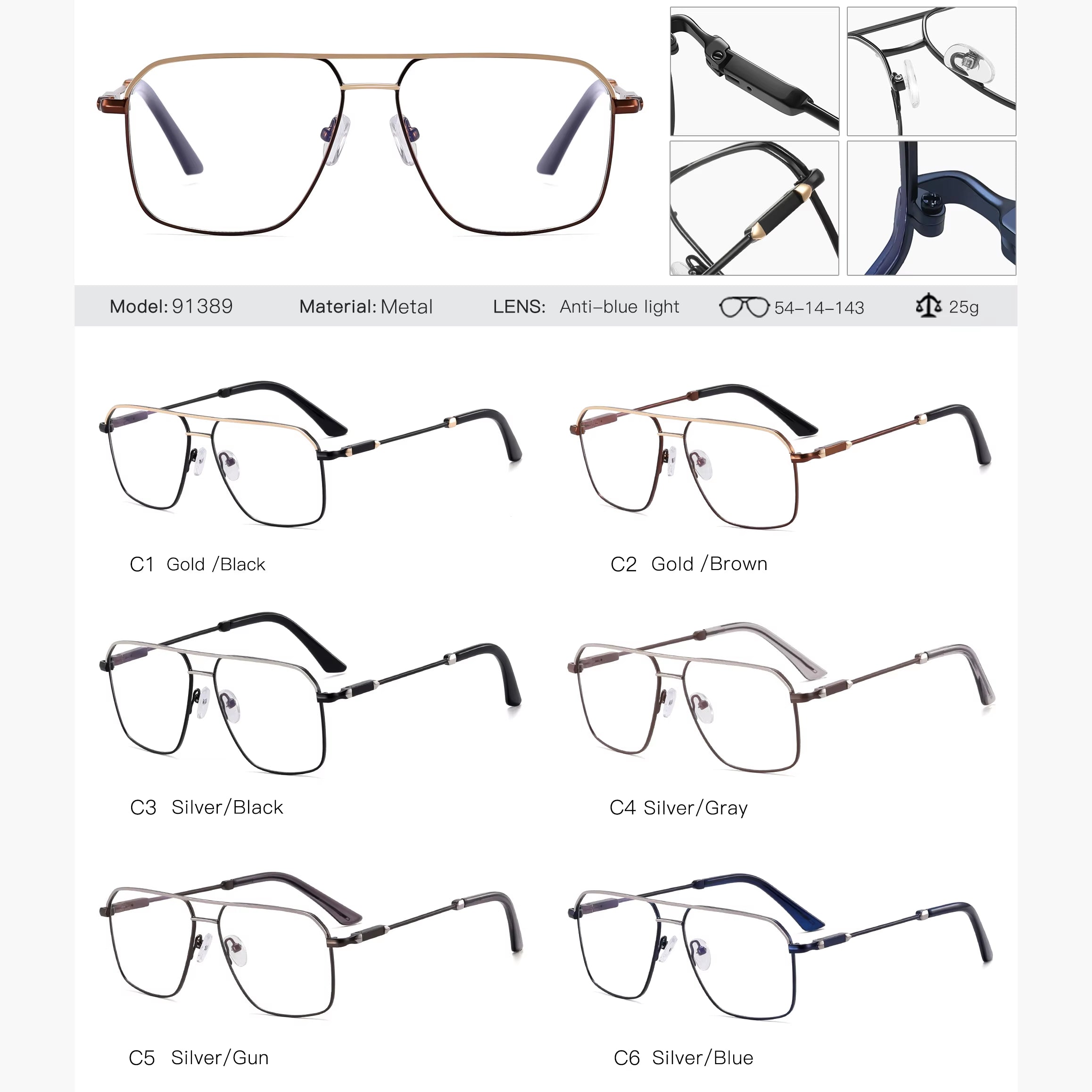  Metal Square Frame Double Bridge Spring Hinge Eyeglasses for Men