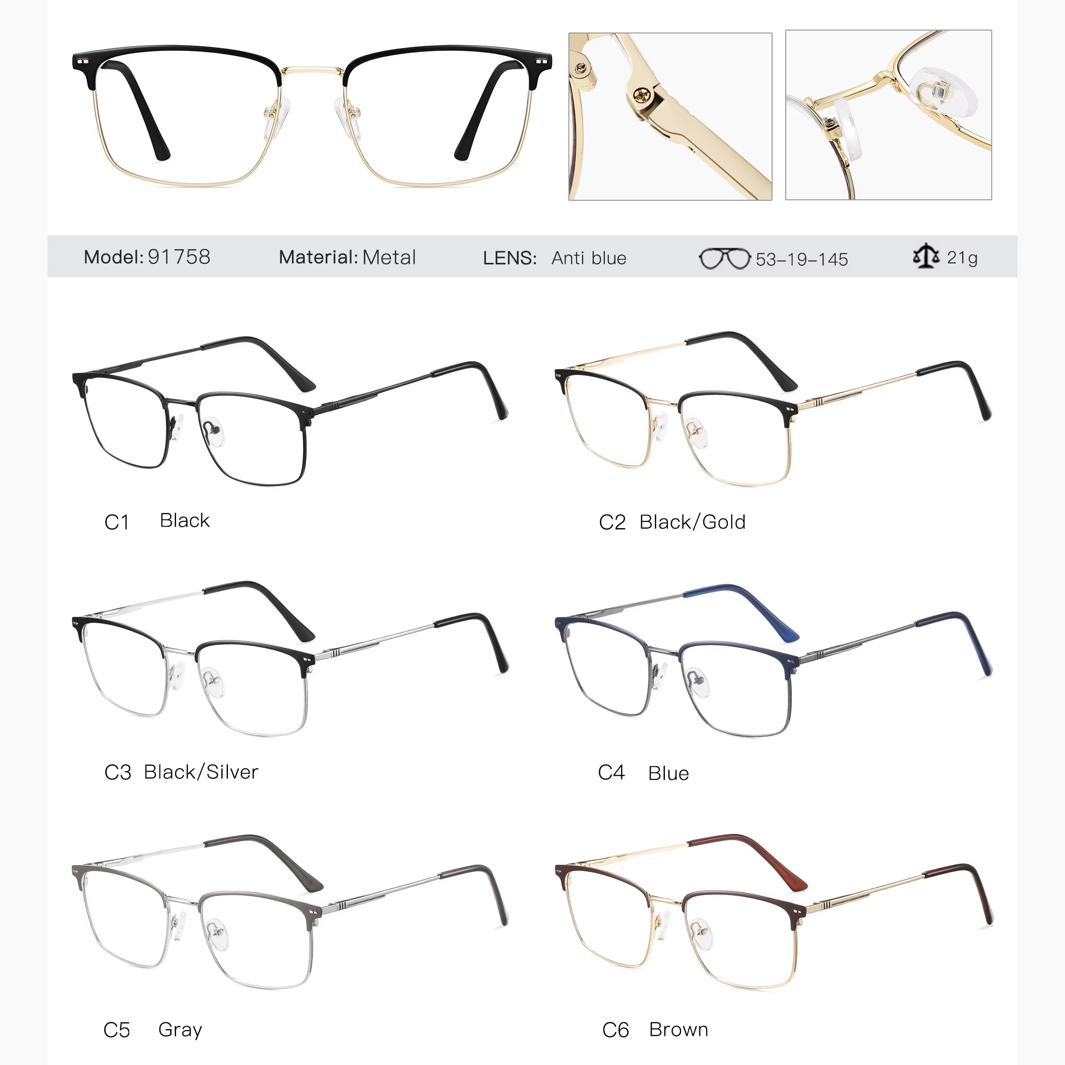 Square Metal Spring Hinge Eyeglasses for Men