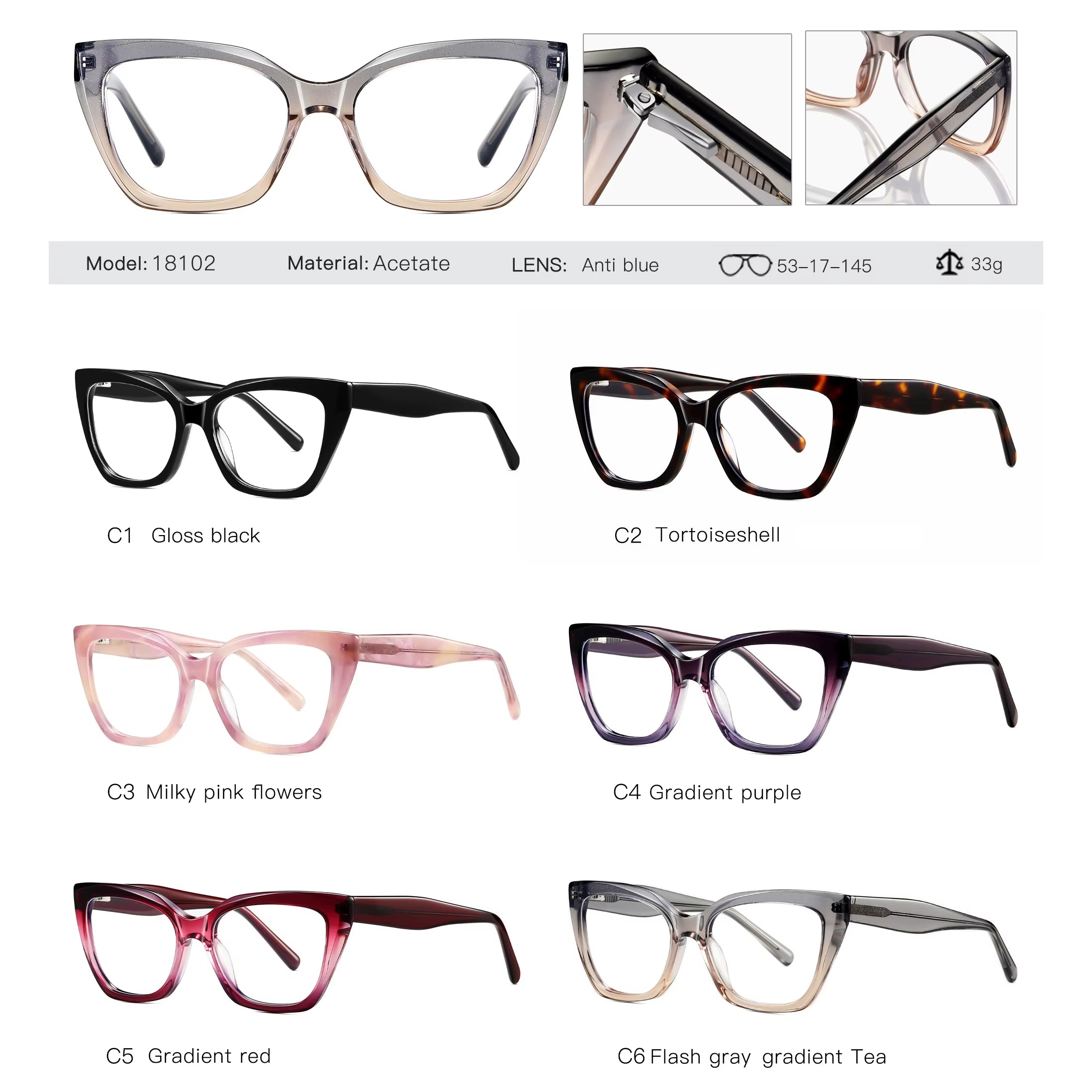 Cat Eye Acetate Pin-In Spring Hinge Eyeglasses for Women