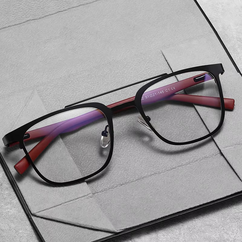 Retro Square Metal Double Bridge Spring Hinge Eyeglasses for Men