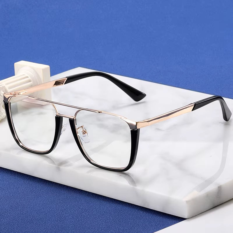  Square Metal Double Bridge Spring Hinge Eyeglasses for Men