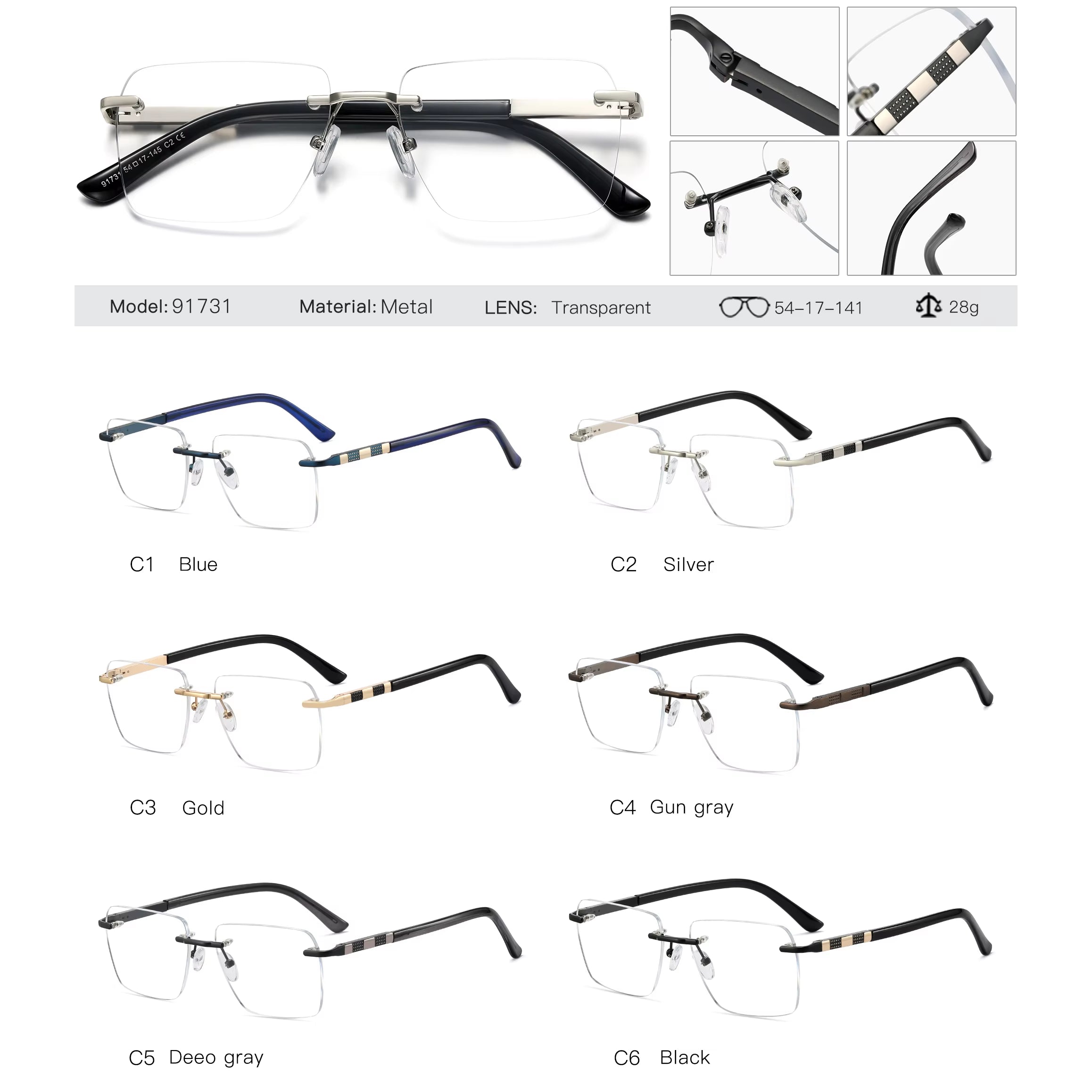 Fashion Square Rimless Spring Hinge Eyeglasses for Men
