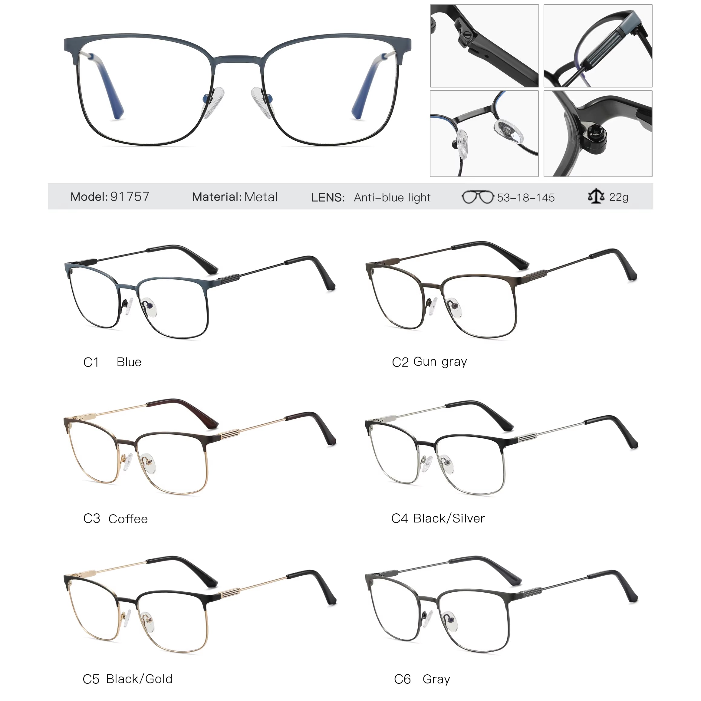 Metal Square Spring Hinge Eyeglasses for Men
