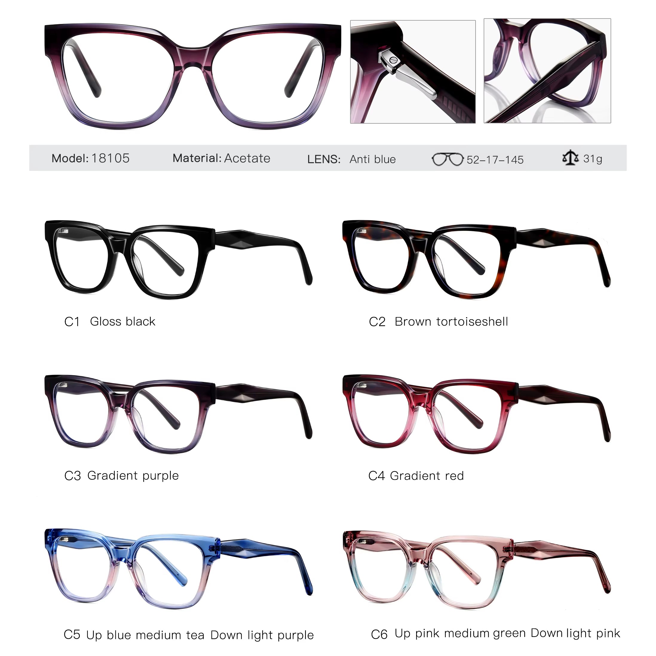 Square Acetate Spring Hinge Eyeglasses for Women