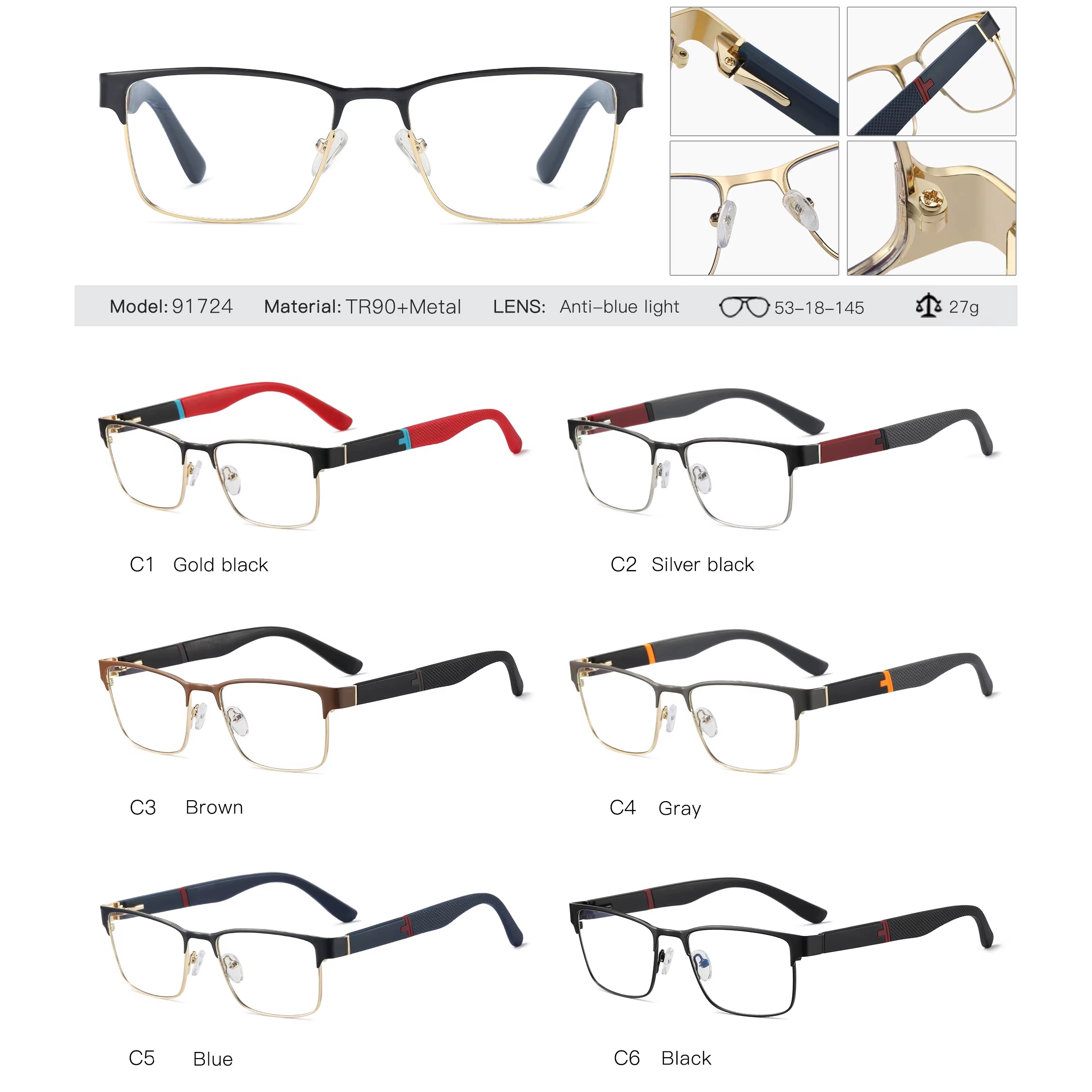  Rectangle Metal Frame TR90 Arms Spring Hinge Eyeglasses for Men
