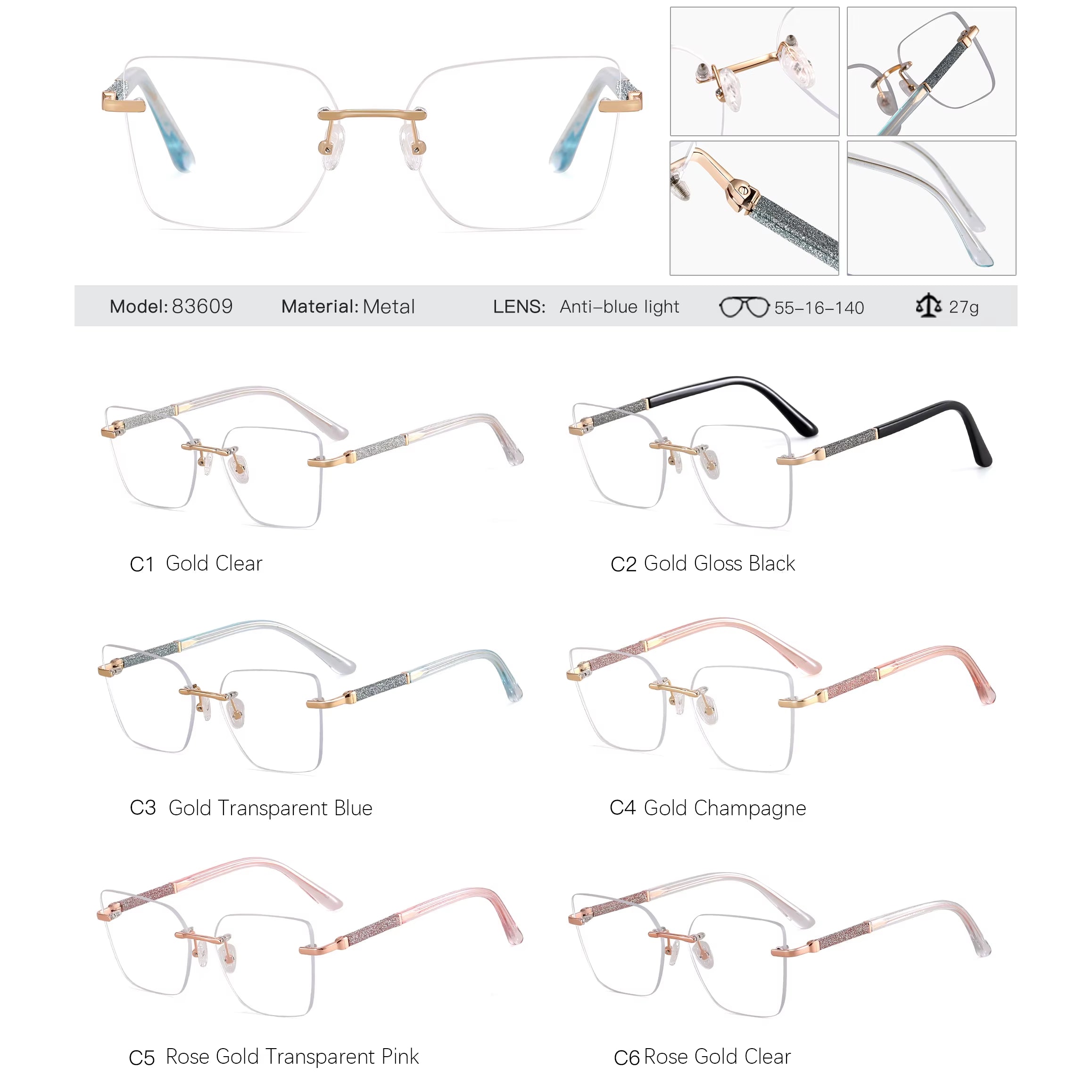 Fashion Rimless Spring Hinge Eyeglasses for Women