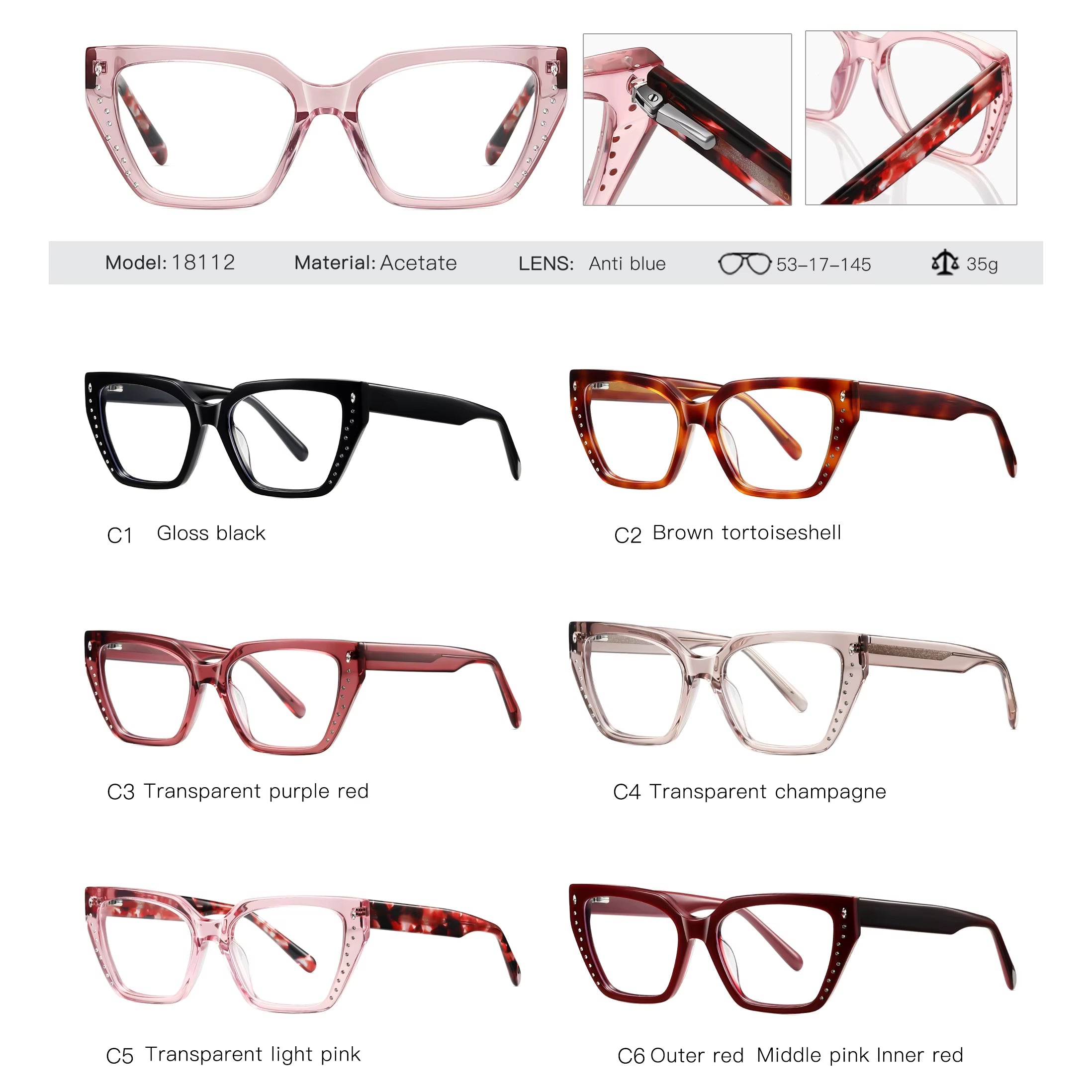Square Acetate Pin-In Spring Hinge  Eyeglasses for Women