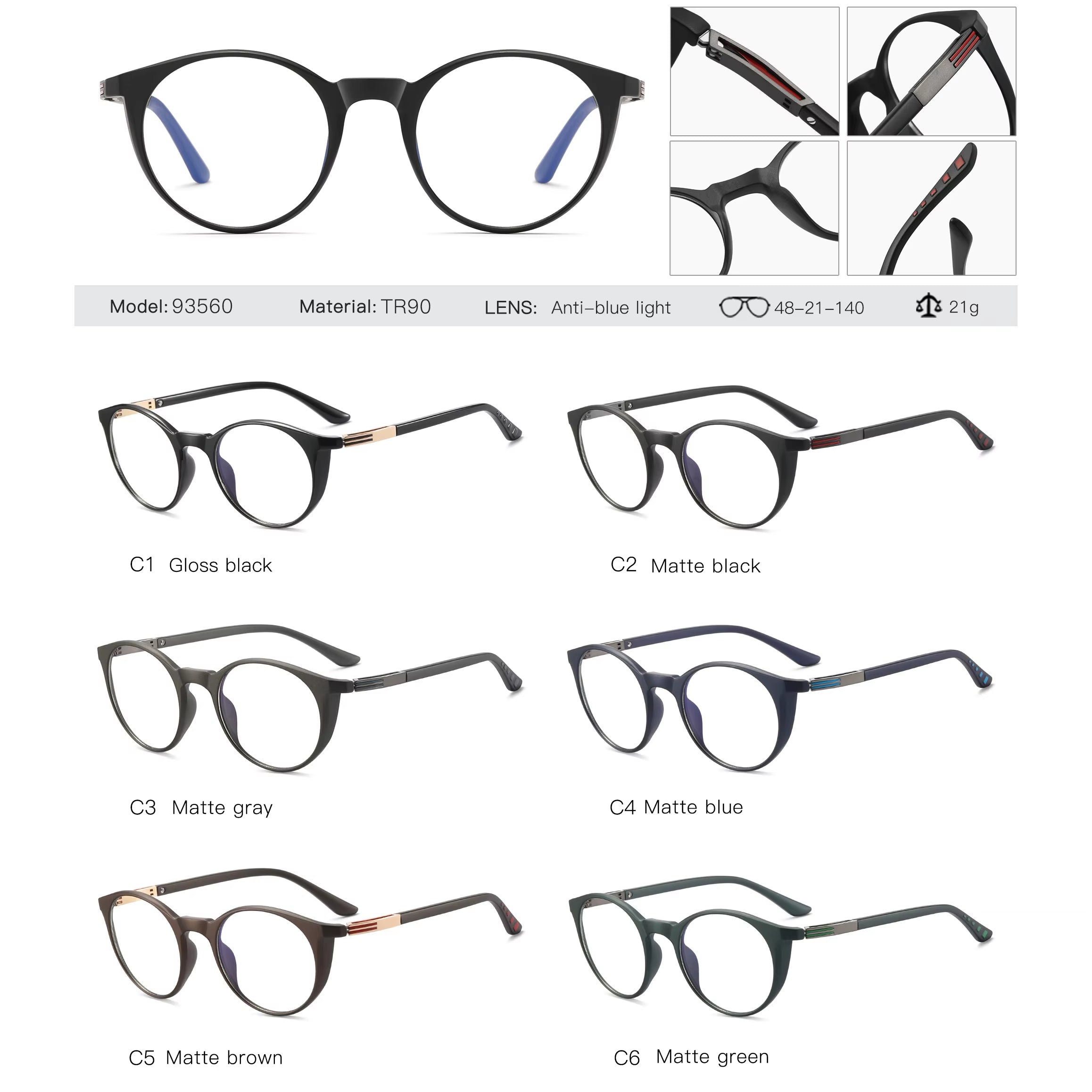 Fashion round TR90 Spring Hinge Eyeglasses for Men