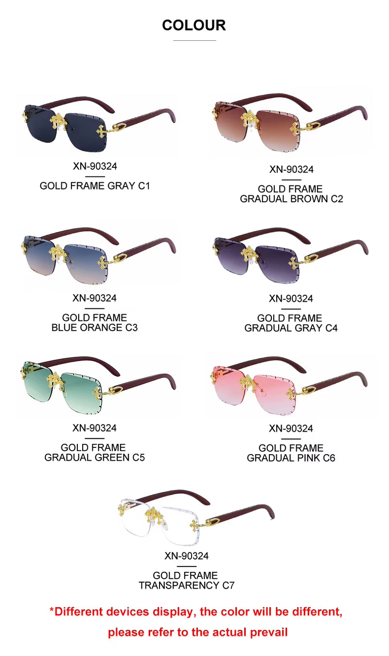  Designer Rectangle Rimless Wood Grain Colors Arms UV400 Sunglasses for Women & Men