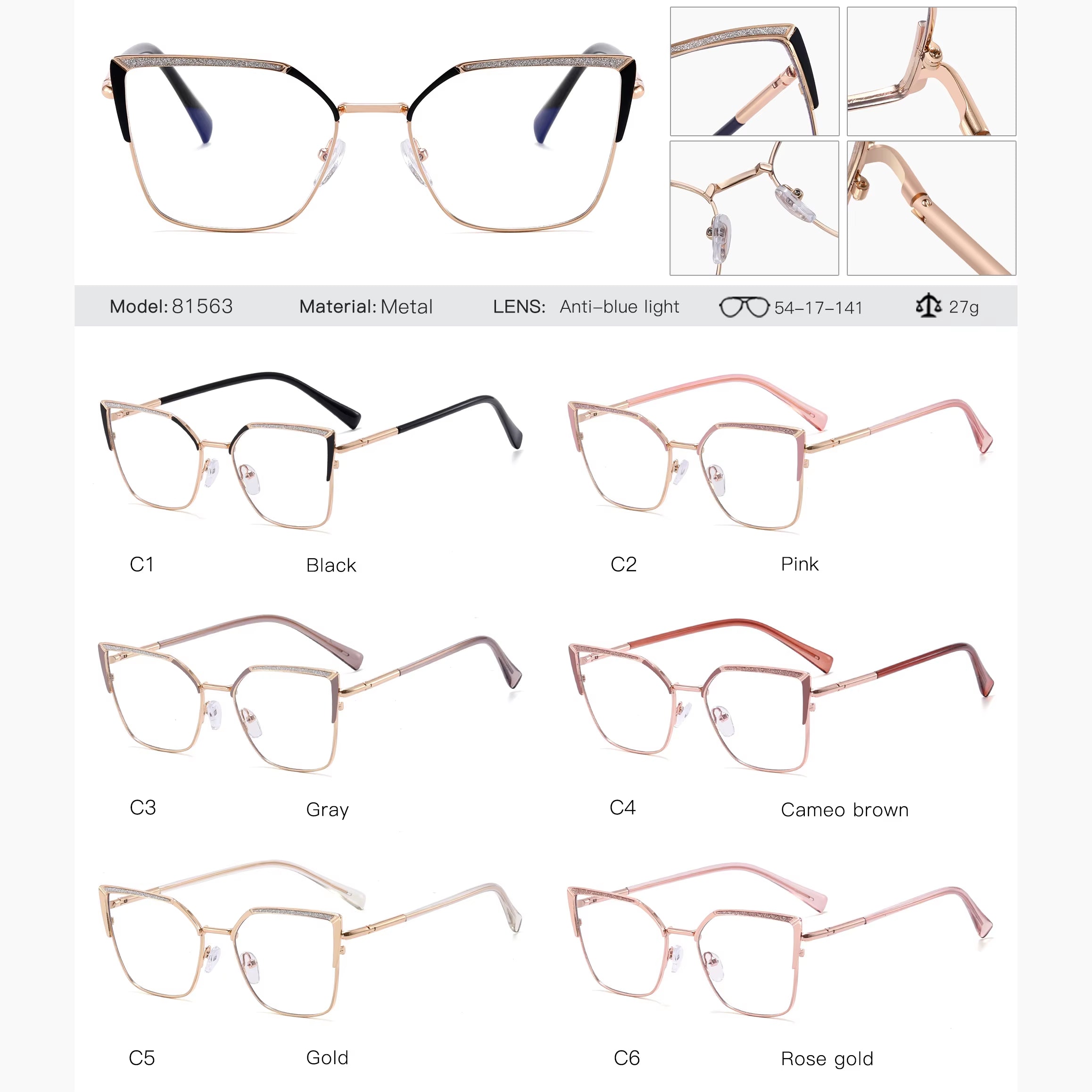 Cat Eye Metal Frame Glitter Eyeglasses for Women 