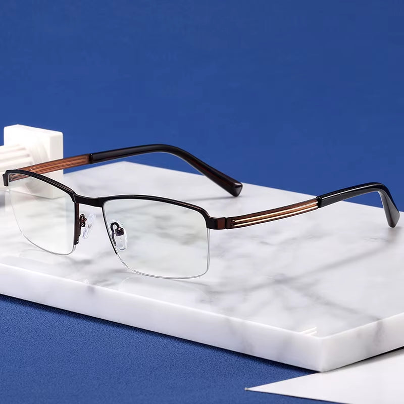 Metal Semi Rimless Rectangle Spring Hinge Eyeglasses for Men