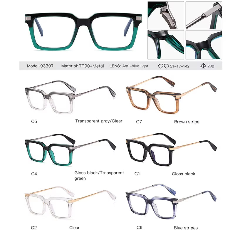  Vintage Retro Square TR90 Eyeglasses for Men 