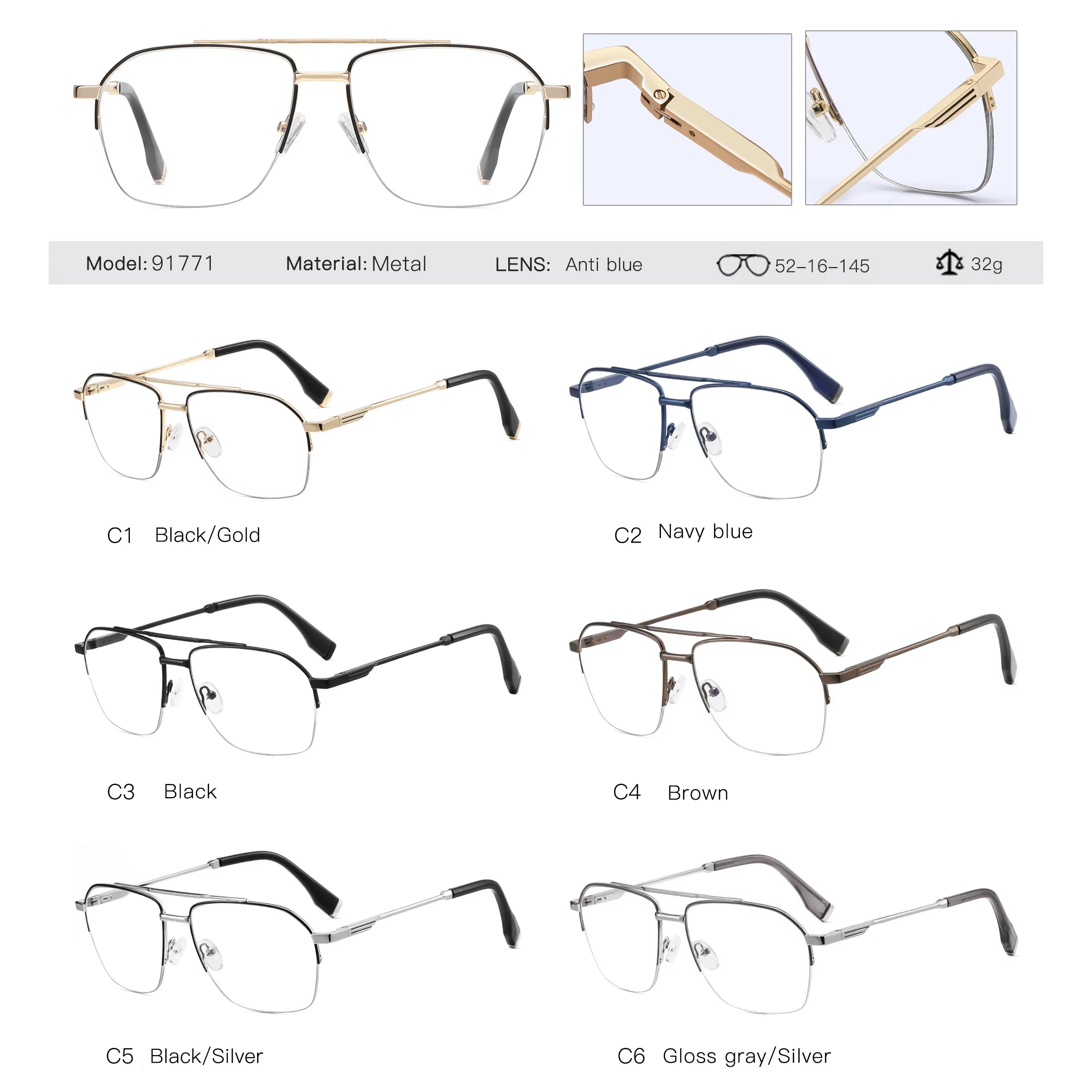  Square Semi-Rimless Double Bridge Spring Hinge  Eyeglasses for Men