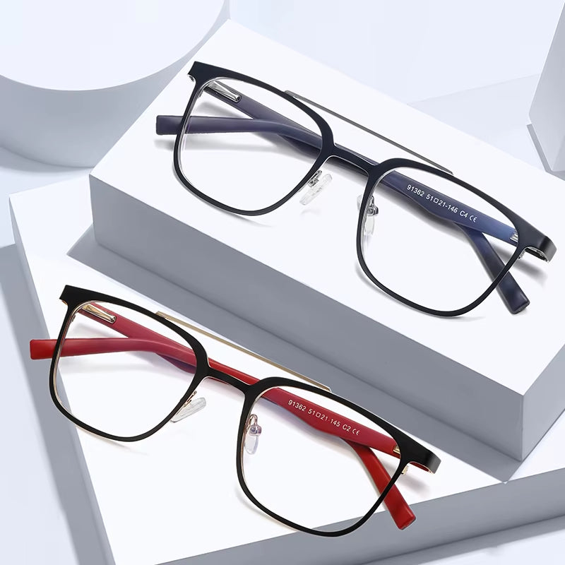Retro Square Metal Double Bridge Spring Hinge Eyeglasses for Men