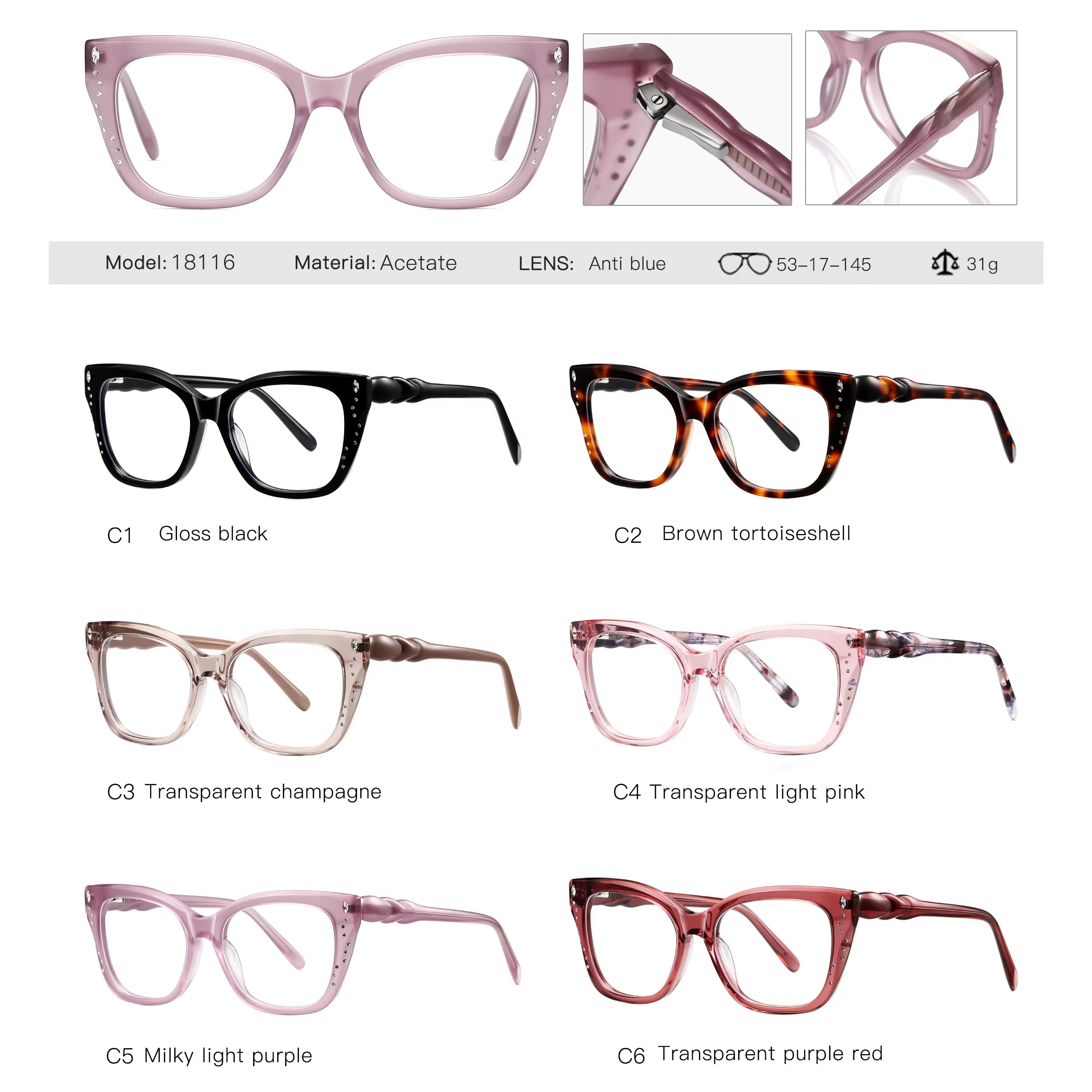  Square Acetate Pin-In Spring Hinge Eyeglasses for Women