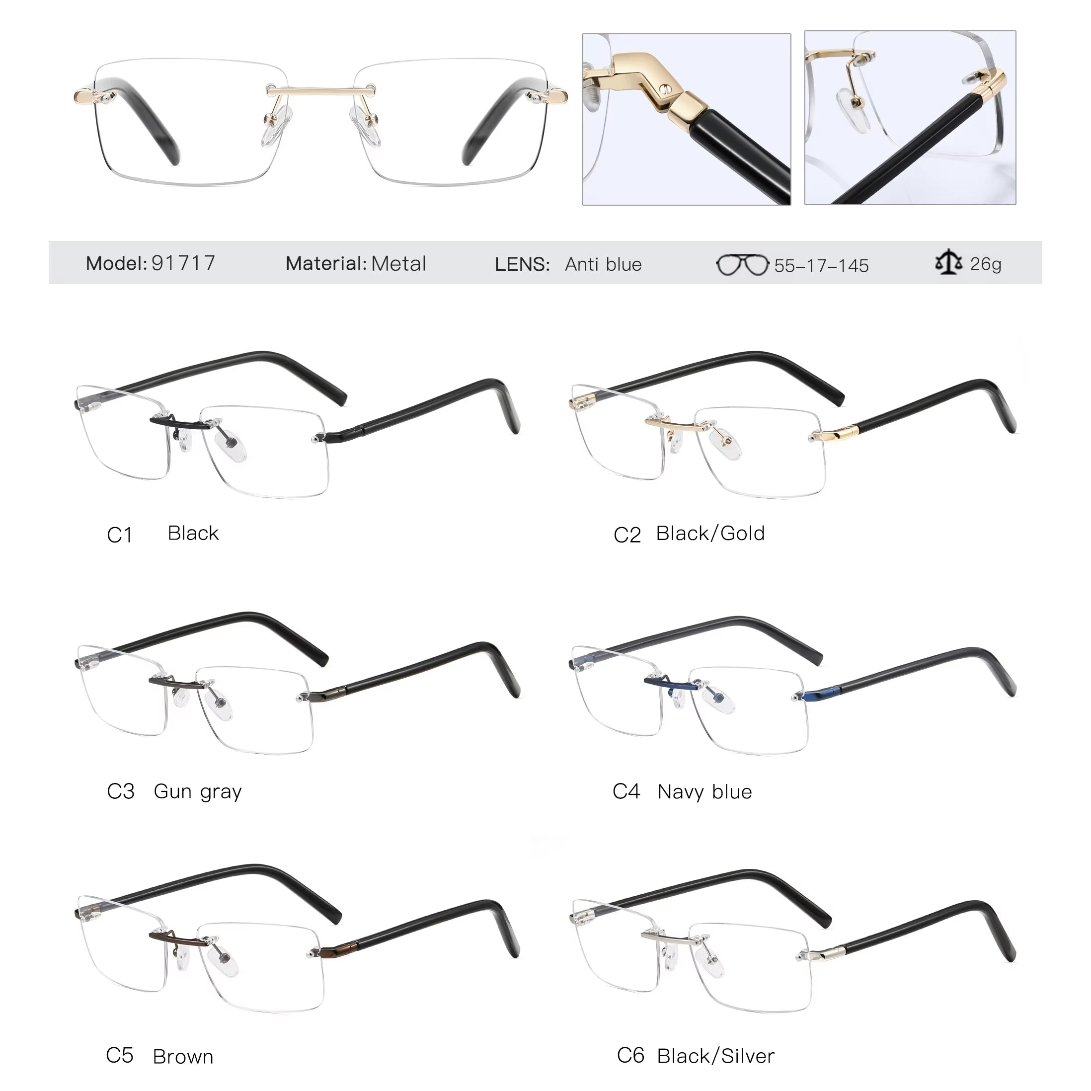 Fashion Rimless Rectangle Spring Hinge Eyeglasses for Men