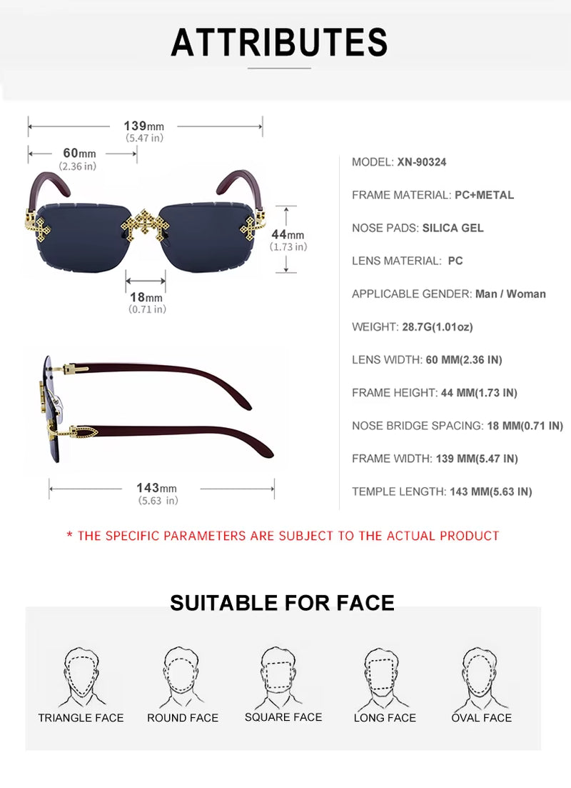  Designer Rectangle Rimless Wood Grain Colors Arms UV400 Sunglasses for Women & Men