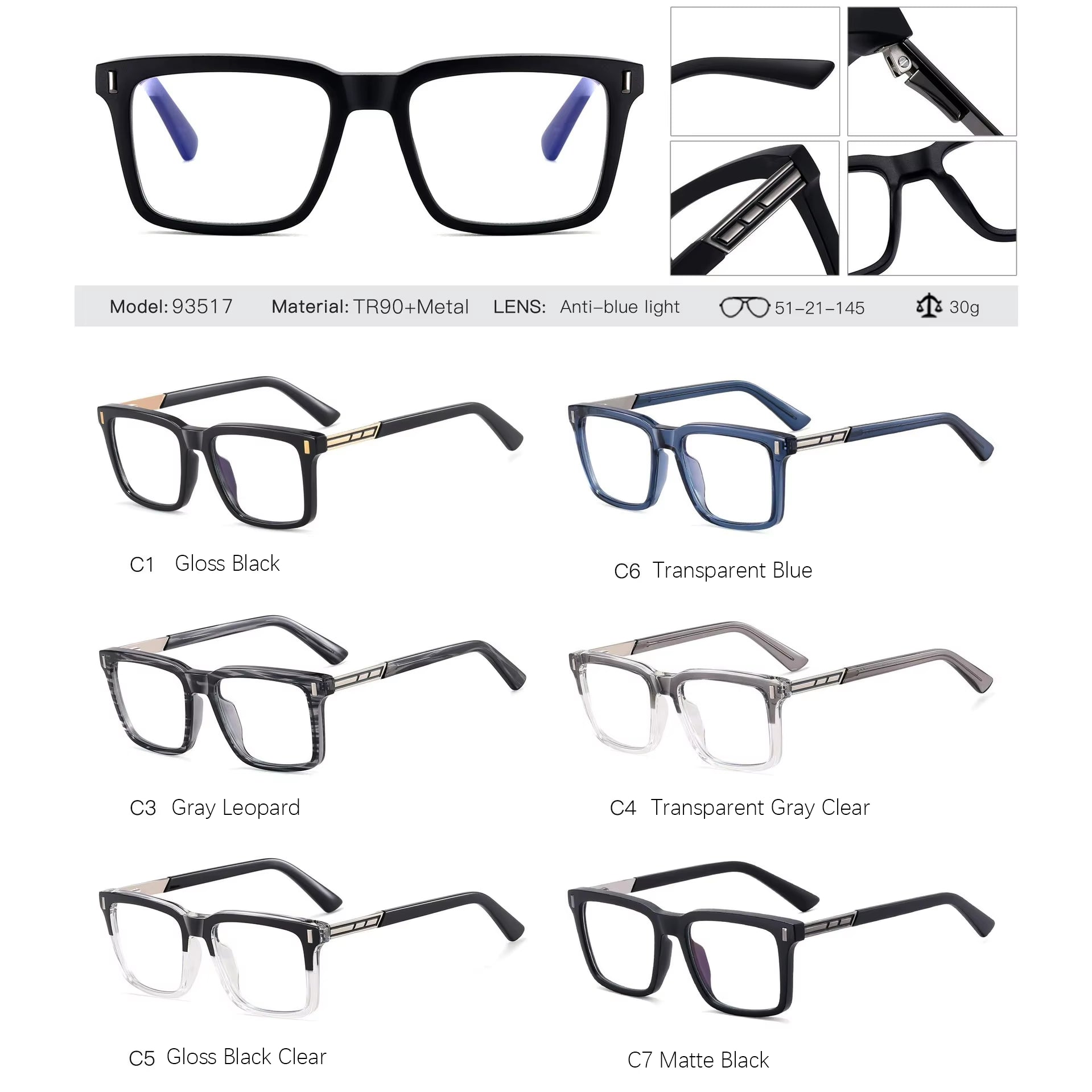 Retro Square TR90 Spring Hinge Eyeglasses for Men