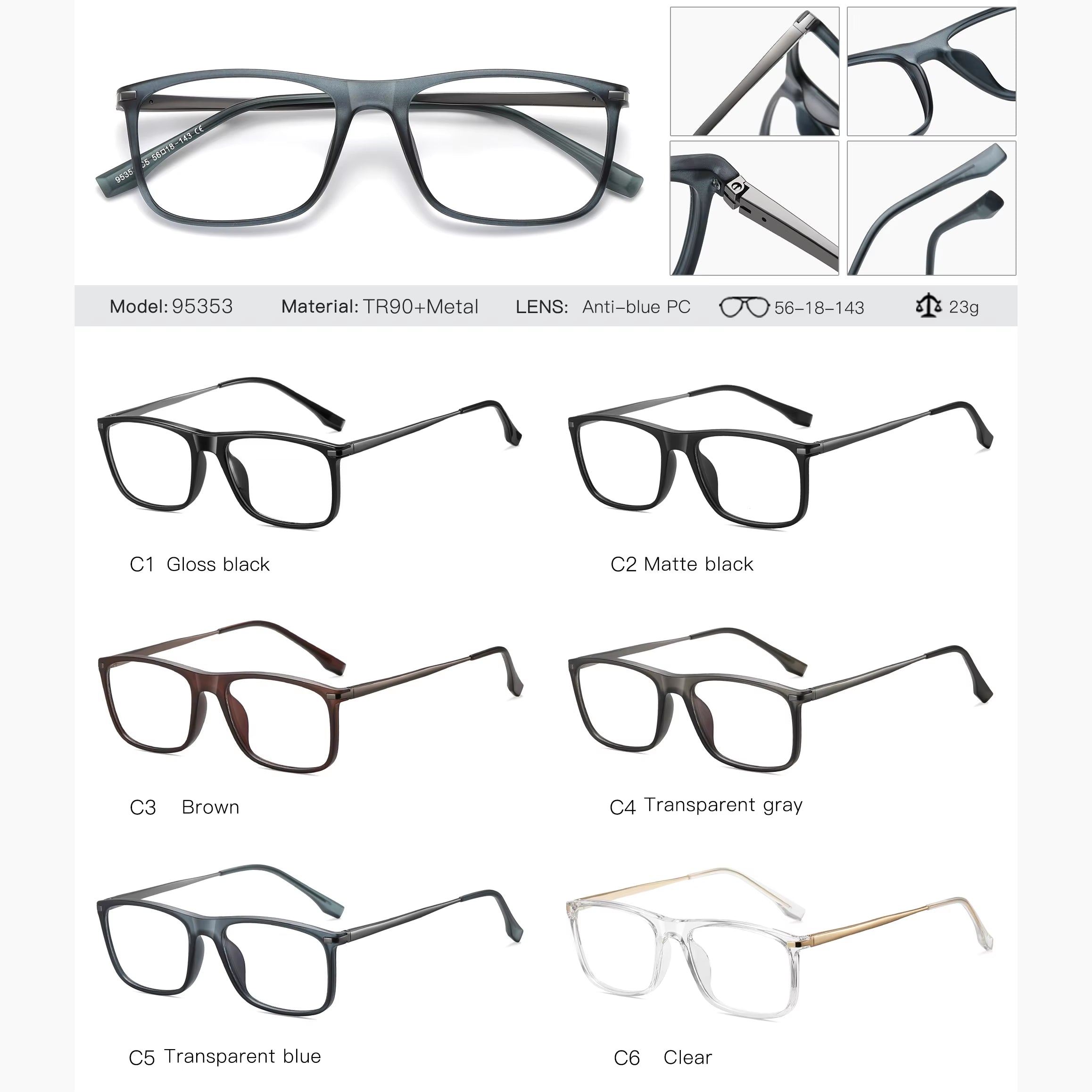  Classic Square TR90 Spring Hinge Eyeglasses for Men