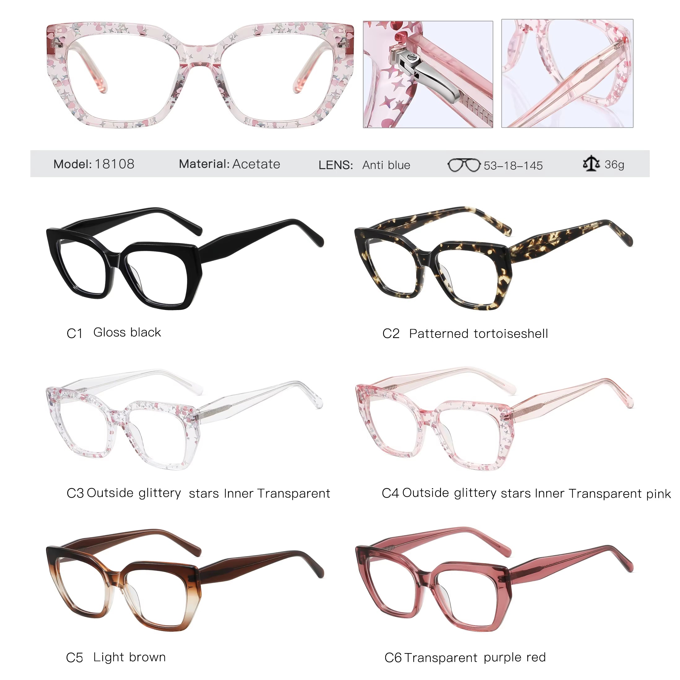 Fashion Cat Eye Acetate CP Arms Spring Hinge Eyeglasses for Women