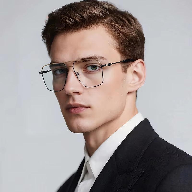  Metal Square Frame Double Bridge Spring Hinge Eyeglasses for Men
