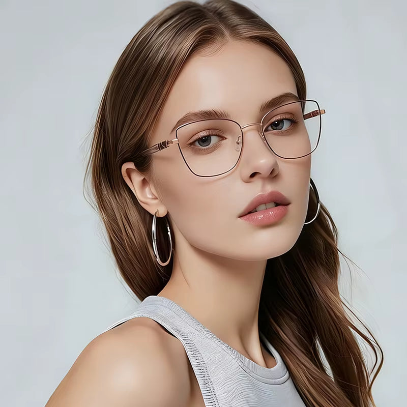 Square Metal Frame Spring Hinge Eyeglasses for Women 