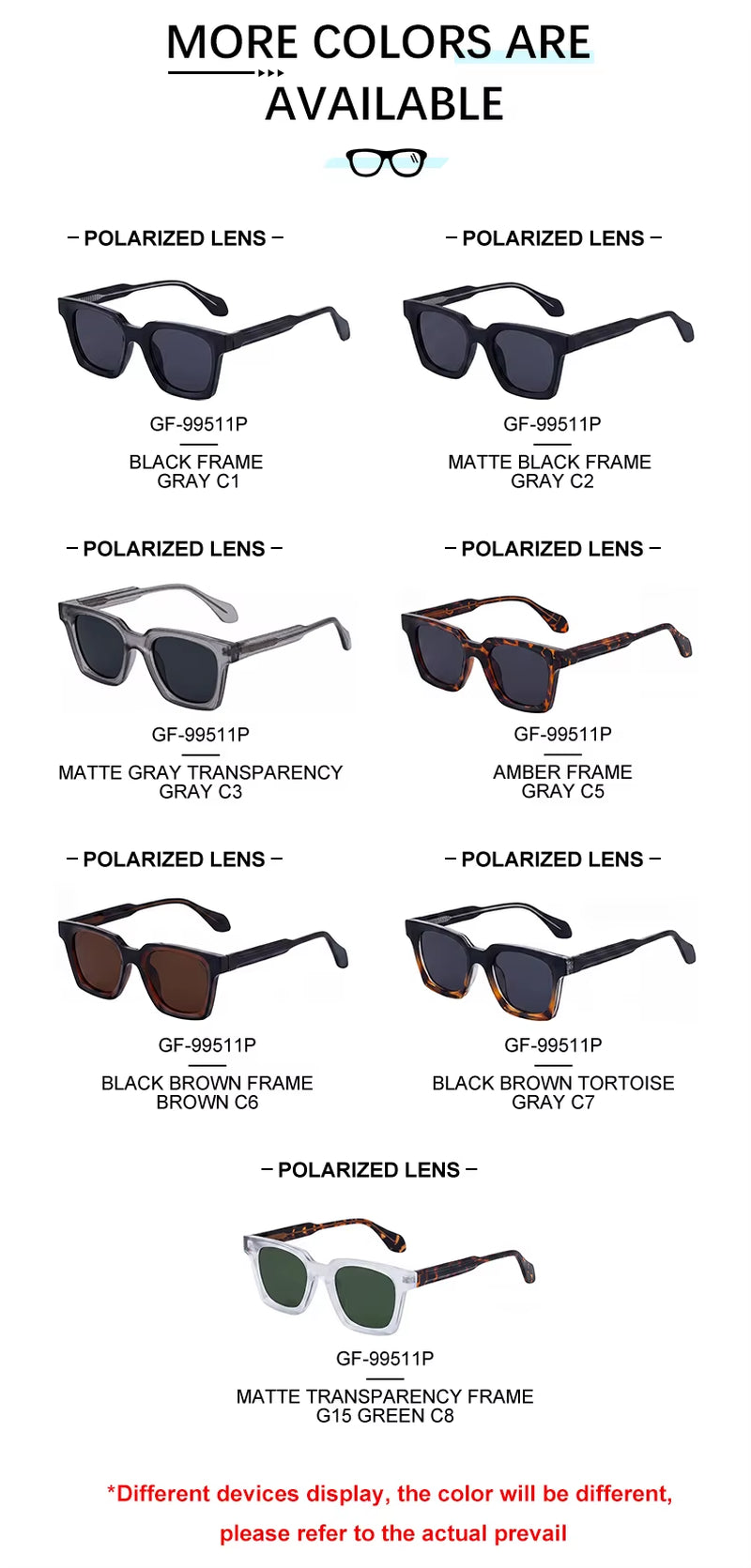 Designer Square Pin-In Temples Polarized Driving Fishing UV400 Sunglasses for Women & Men
