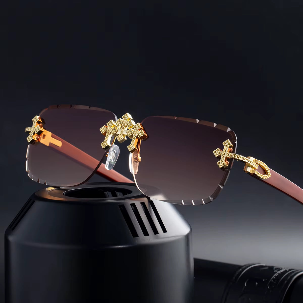  Designer Rectangle Rimless Wood Grain Colors Arms UV400 Sunglasses for Women & Men
