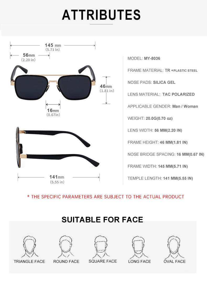  Fashion Polarized Fishing Square TR90 Double Bridge UV400 Sunglasses for Men