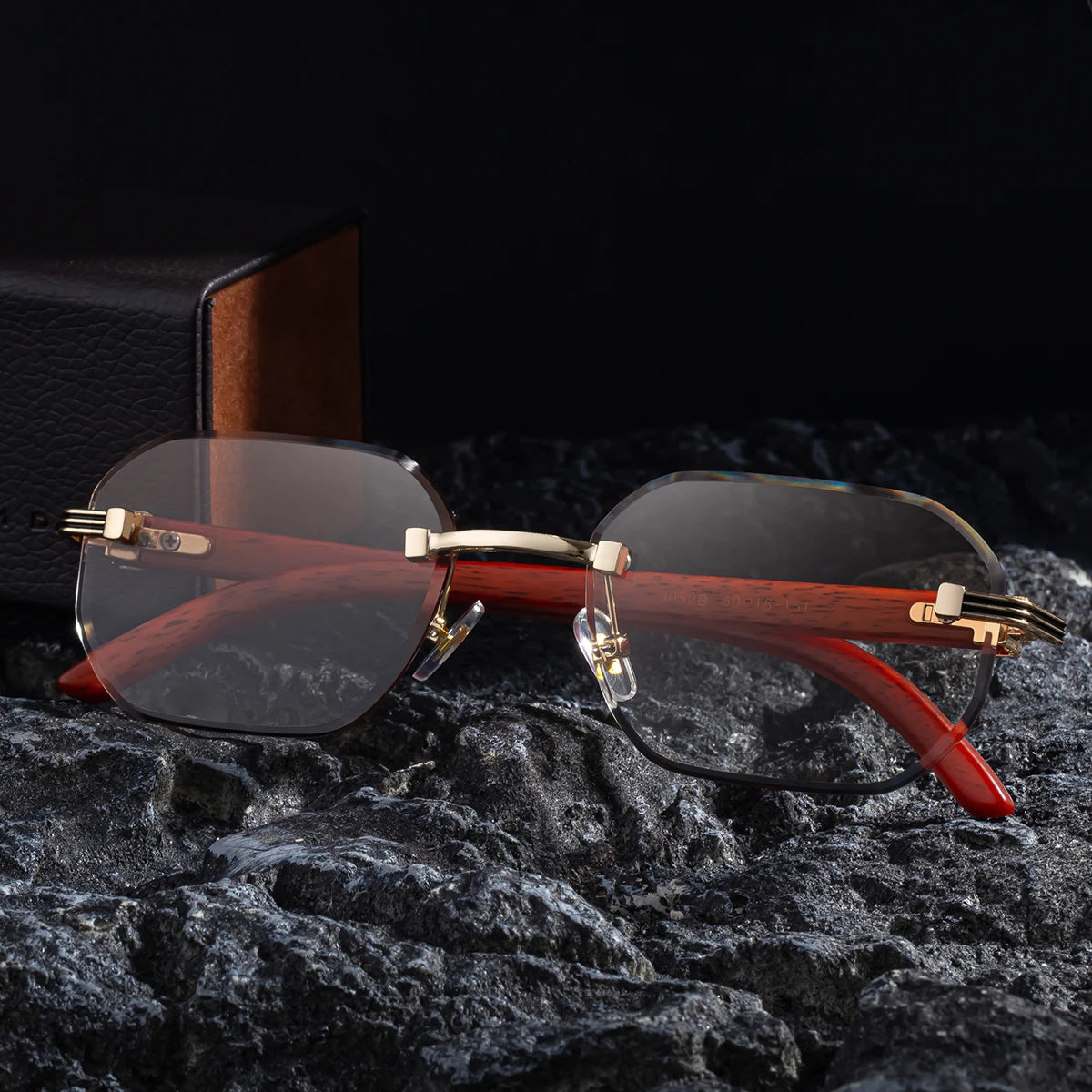  Designer Photochromic Rimless Diamond Cut Lens Wood Grain UV400 Sunglasses for Men