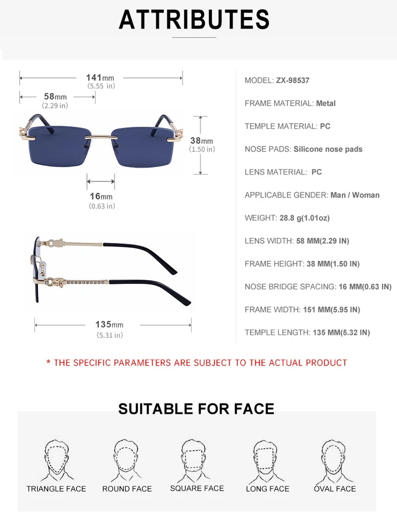 Designer Rimless Rectangle Leopard Head with Rhinestone UV400 Sunglasses for Men