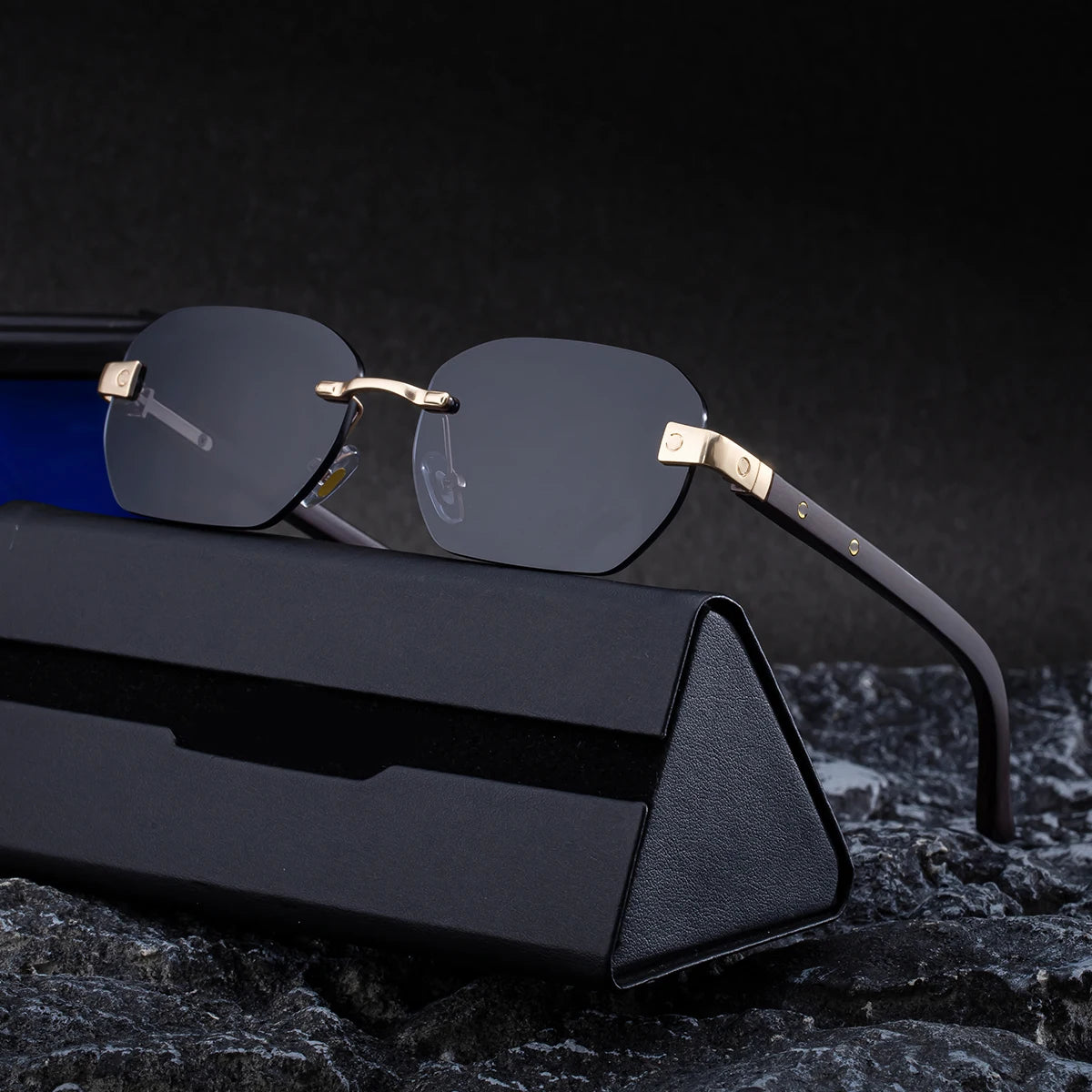 Designer Rimless Wood Grain Colors Temples UV400 Sunglasses for Men