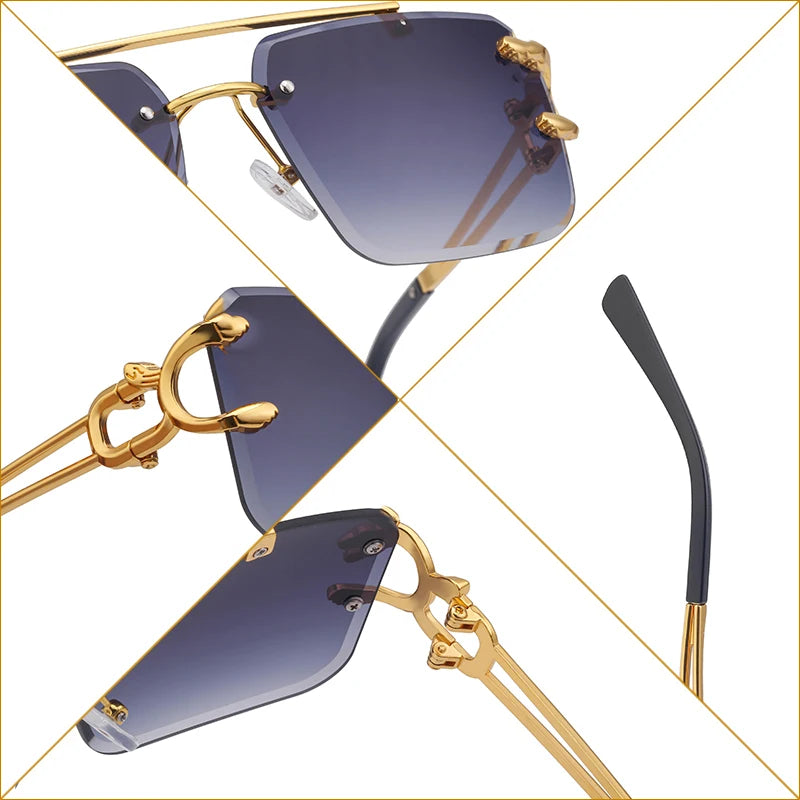 Designer Rimless Square Double Bridge Leopard Head UV400 Sunglasses for Men