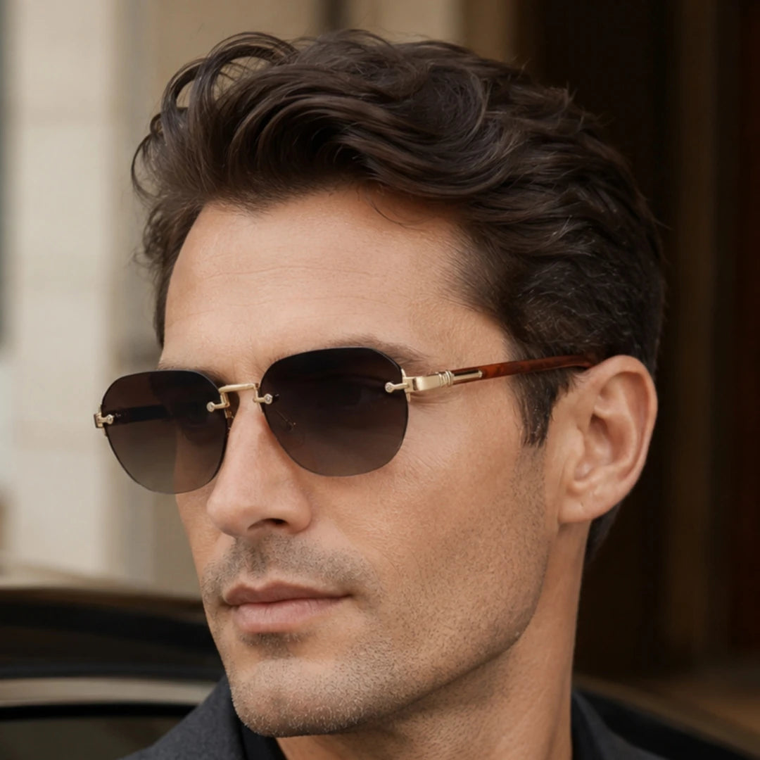 Designer Rimless Rectangle Wood Grain Colors Temples UV400 Sunglasses for Men
