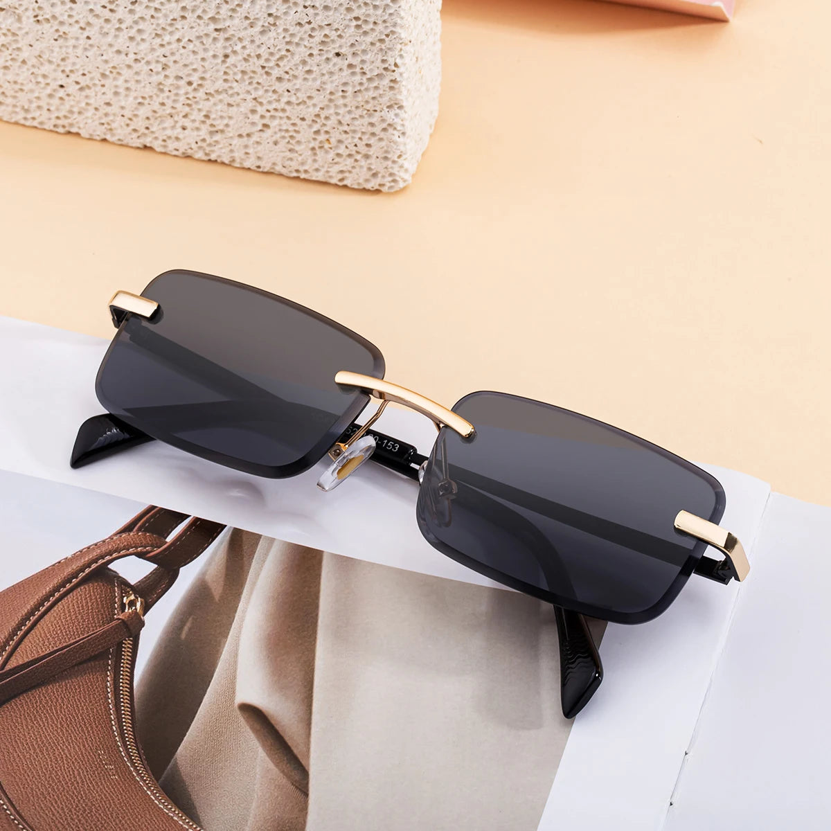 Designer Rectangle Rimless Diamond Cut Lens UV400 Sunglasses for Women