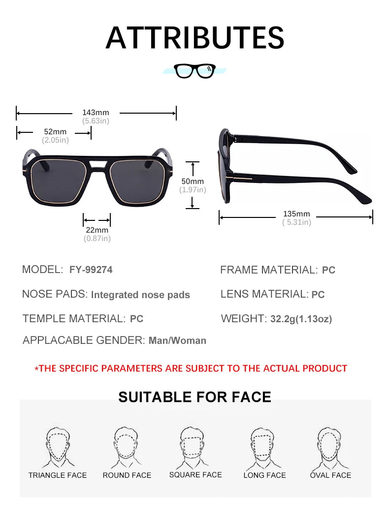 Designer Square Oversized Double Bridge UV400 Sunglasses for Women & Men