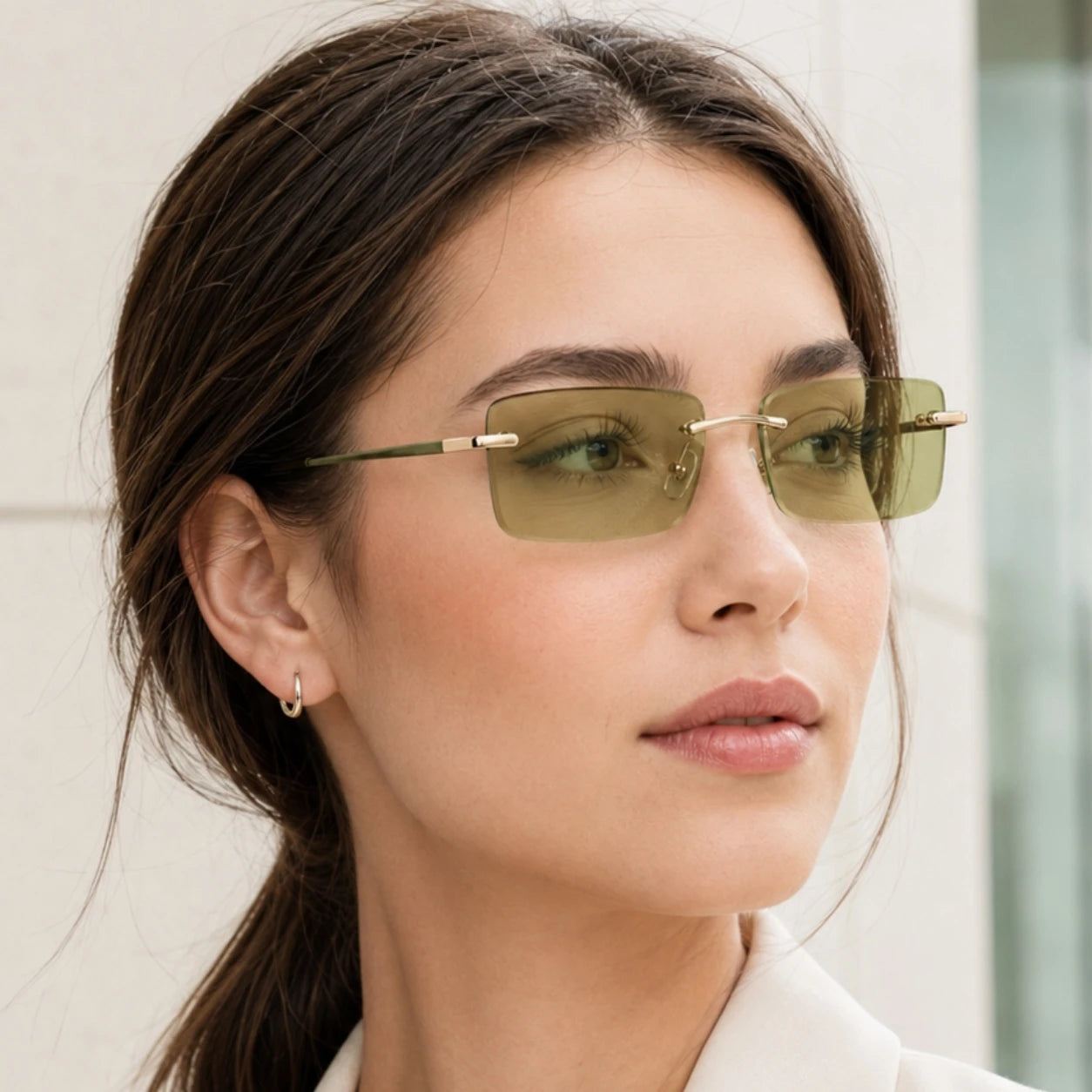 Designer Rectangle Rimless Diamond Cut Lens UV400 Sunglasses for Women