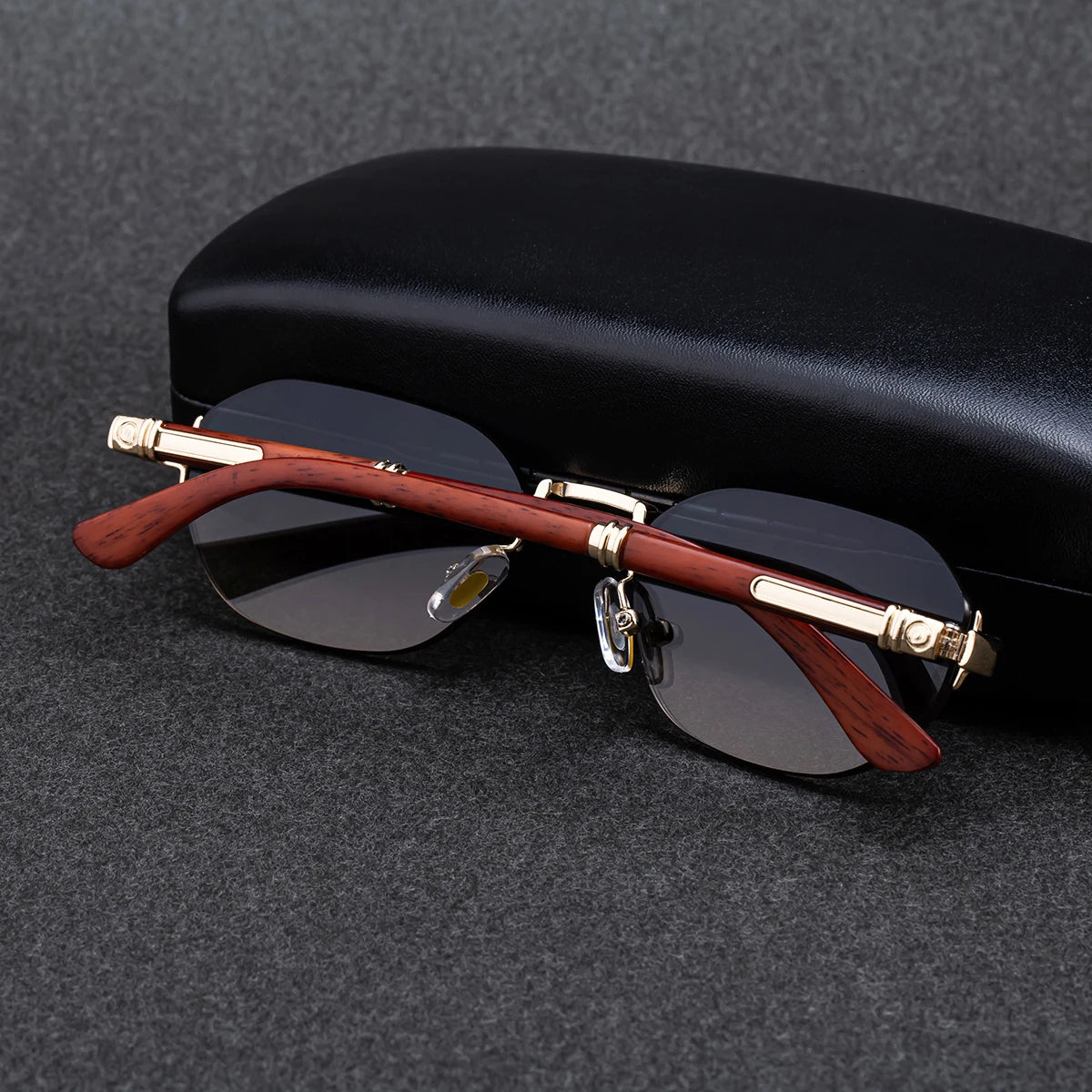 Designer Rimless Rectangle Wood Grain Colors Temples UV400 Sunglasses for Men