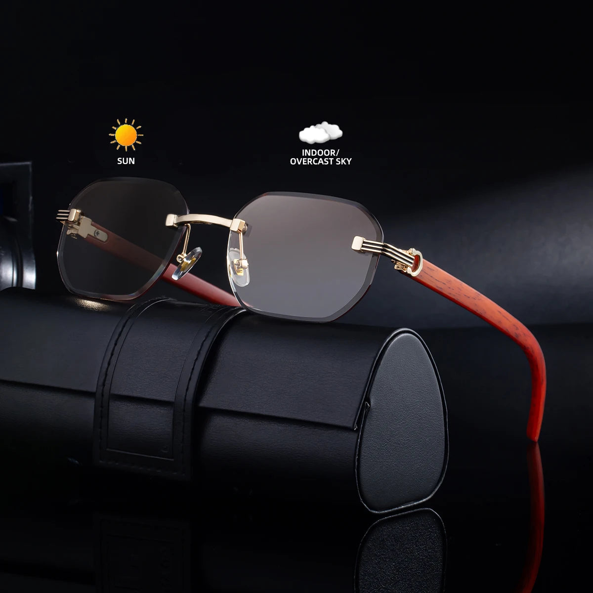  Designer Photochromic Rimless Diamond Cut Lens Wood Grain UV400 Sunglasses for Men