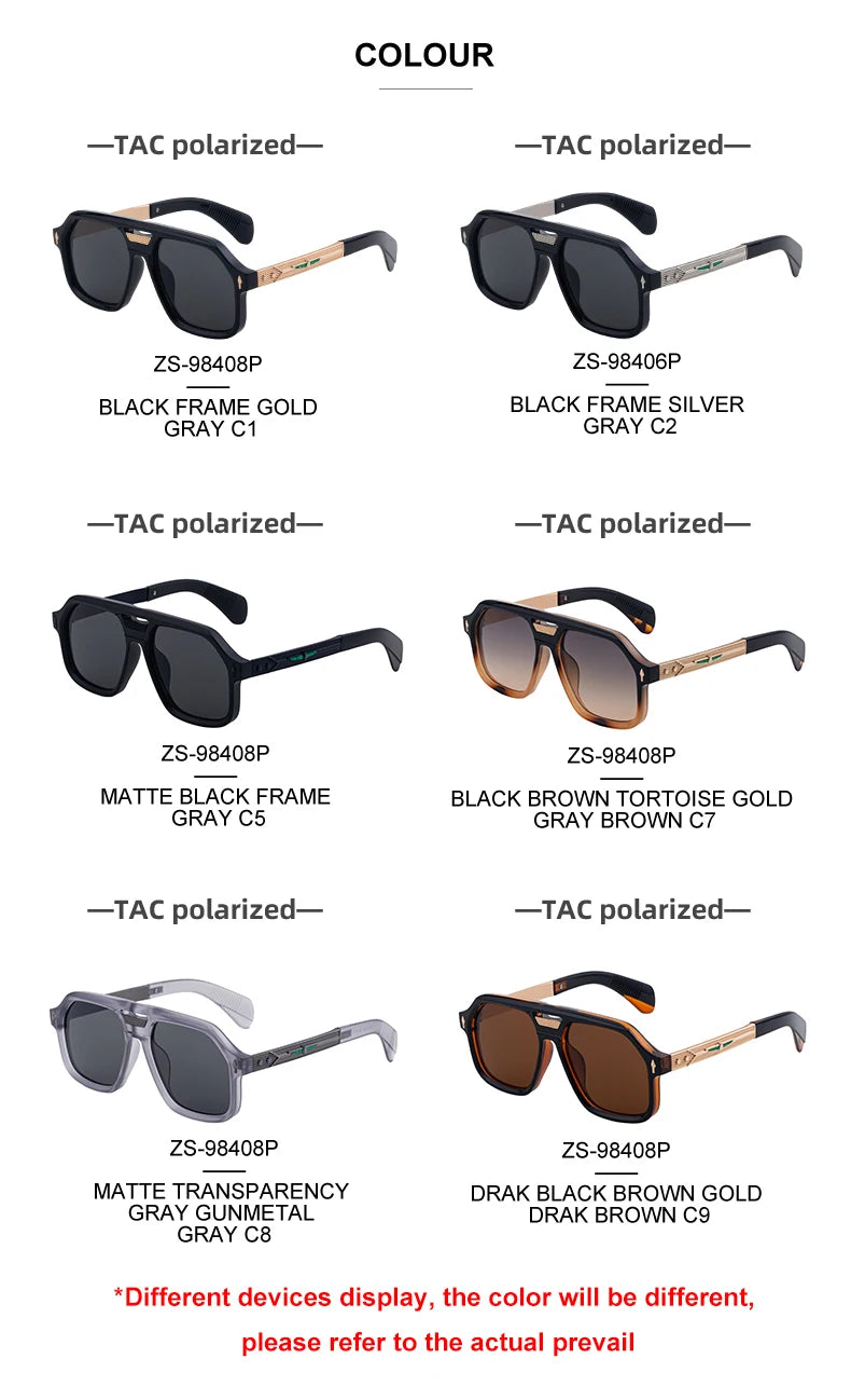  Retro Designer Oversized Square Double Bridge Polarized UV400 Sunglasses for Menor Men