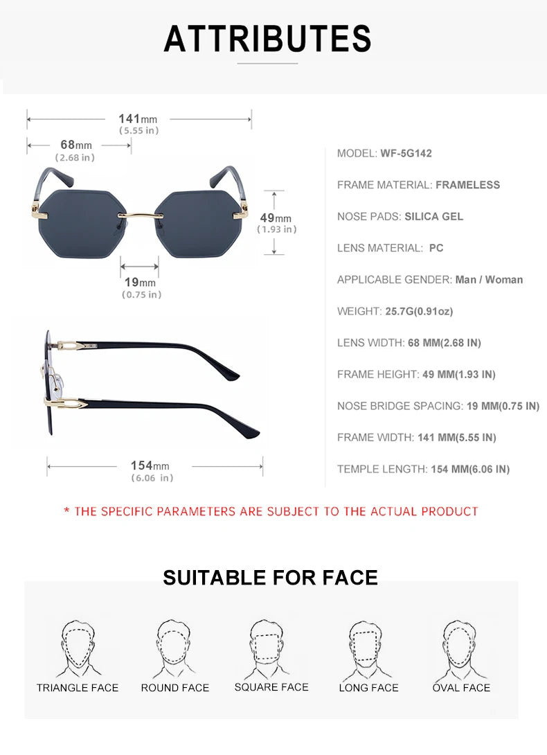 Designer Rimless Polygonal Diamond Cut Lens UV400 Sunglasses for Women & Men