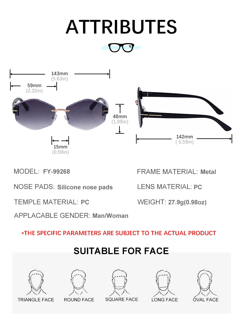 Designer Rimless Polygonal Shaped UV400 Sunglasses for Women