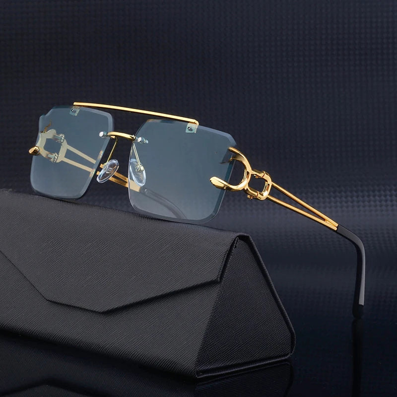 Designer Rimless Square Double Bridge Leopard Head UV400 Sunglasses for Men