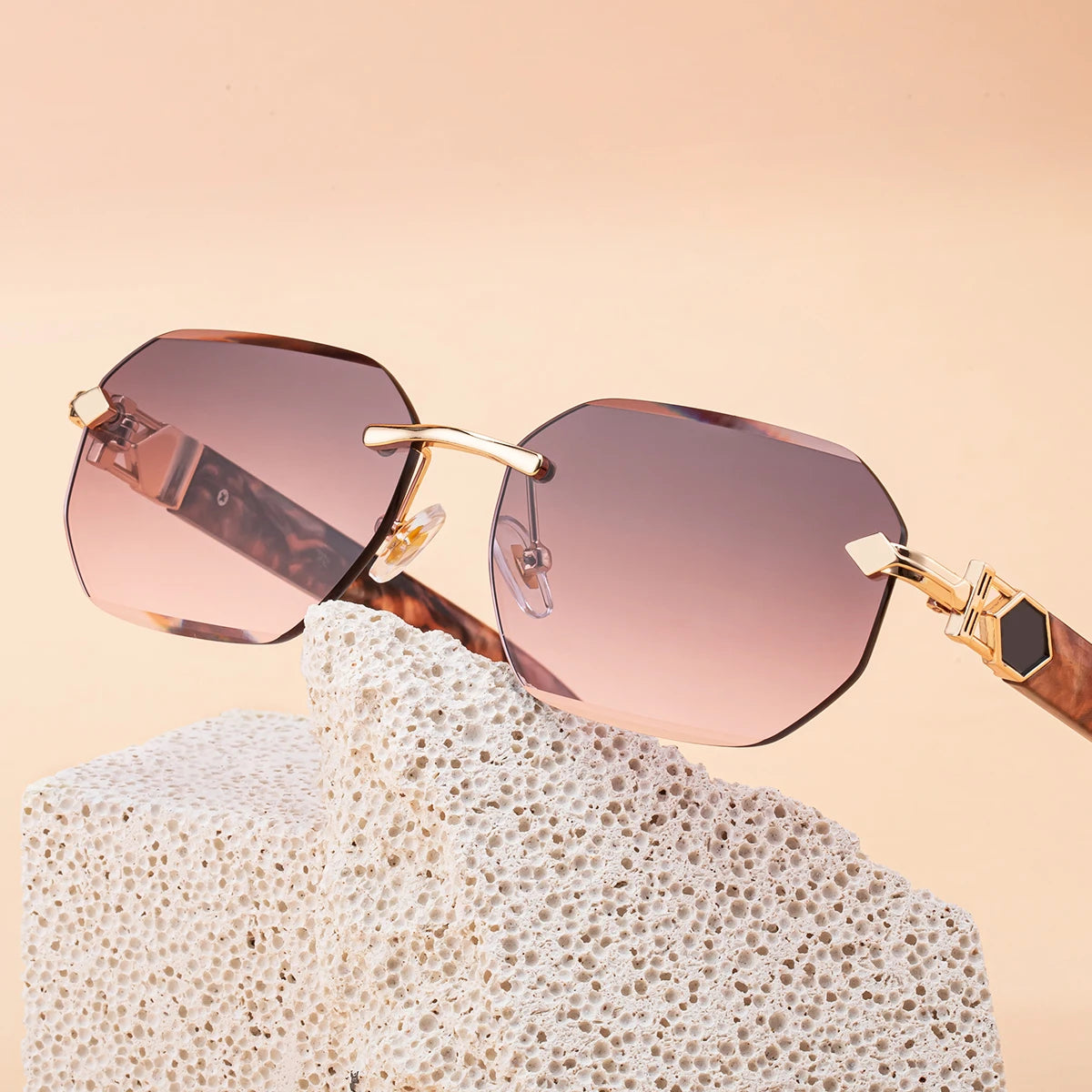 Designer Rimless Rectangle Diamond Cut Lens UV400 Sunglasses for Women