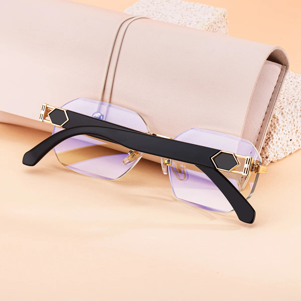 Designer Rimless Rectangle Diamond Cut Lens UV400 Sunglasses for Women