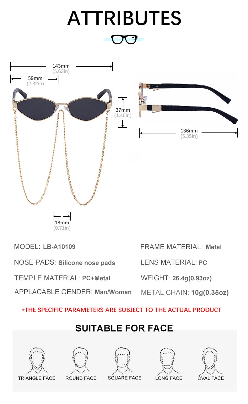  Designer Polygonal Metal with Chain UV400 Sunglasses for Women
