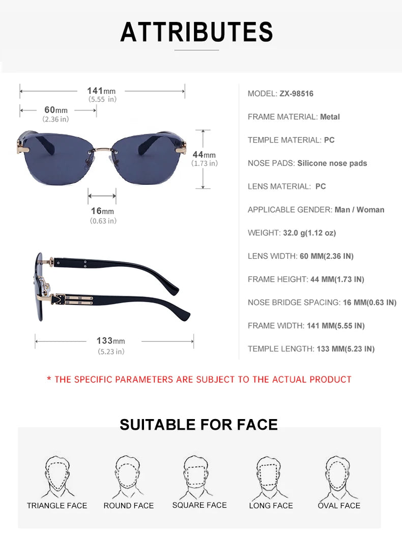 Designer Cat Eye Rimless Diamond Cut Lens UV400 Sunglasses for Women