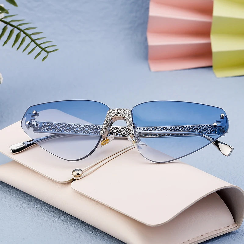 Designer Rimless Rhinestone Metal Temples UV400 Sunglasses for Women